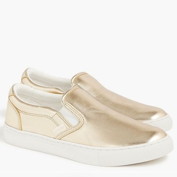 New! J. Crew Faux Leather Metallic Slip On Sneakers - Picture 1 of 16